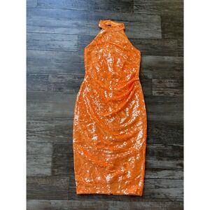 NWT Caroline Constas Orange Sequin Halter Midi Dress Size XS DISCO Cruise Fancy